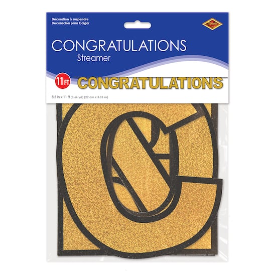 Beistle 11ft. Black & Gold Glitter Congratulations Streamer